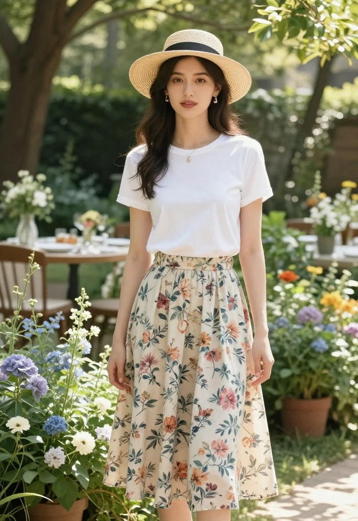 12 Outdoor Party Outfit Ideas That Work From Backyard to Rooftop - 5. Elegant Midi Skirt & Organic Tee 1