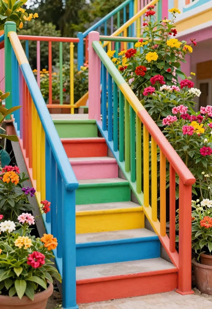 12 Outdoor Stair Railing Ideas That Meet Code Without Looking Bulky - 9. Colorful Painted Railings 1