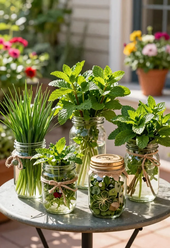 12 Patio Herb Garden Ideas That Thrive in Small Spaces - 10. Herb Garden in Glass Jars 1
