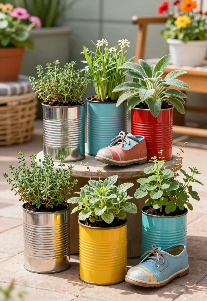 12 Patio Herb Garden Ideas That Thrive in Small Spaces - 11. Recycled Containers for Herb Gardening 1