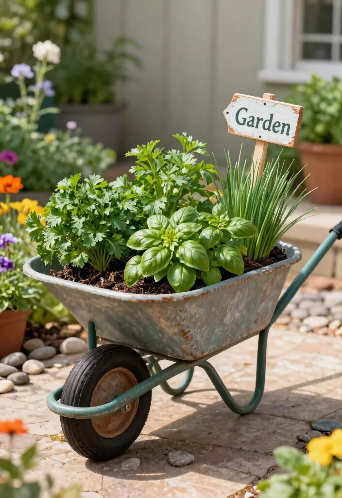 12 Patio Herb Garden Ideas That Thrive in Small Spaces - 3. Wheelbarrow Herb Garden 1