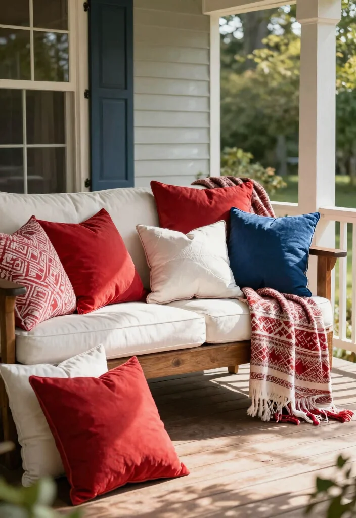12 Patriotic Porch Ideas That Look Festive Without Looking Tacky - 6. Coordinated Pillows and Throws 1