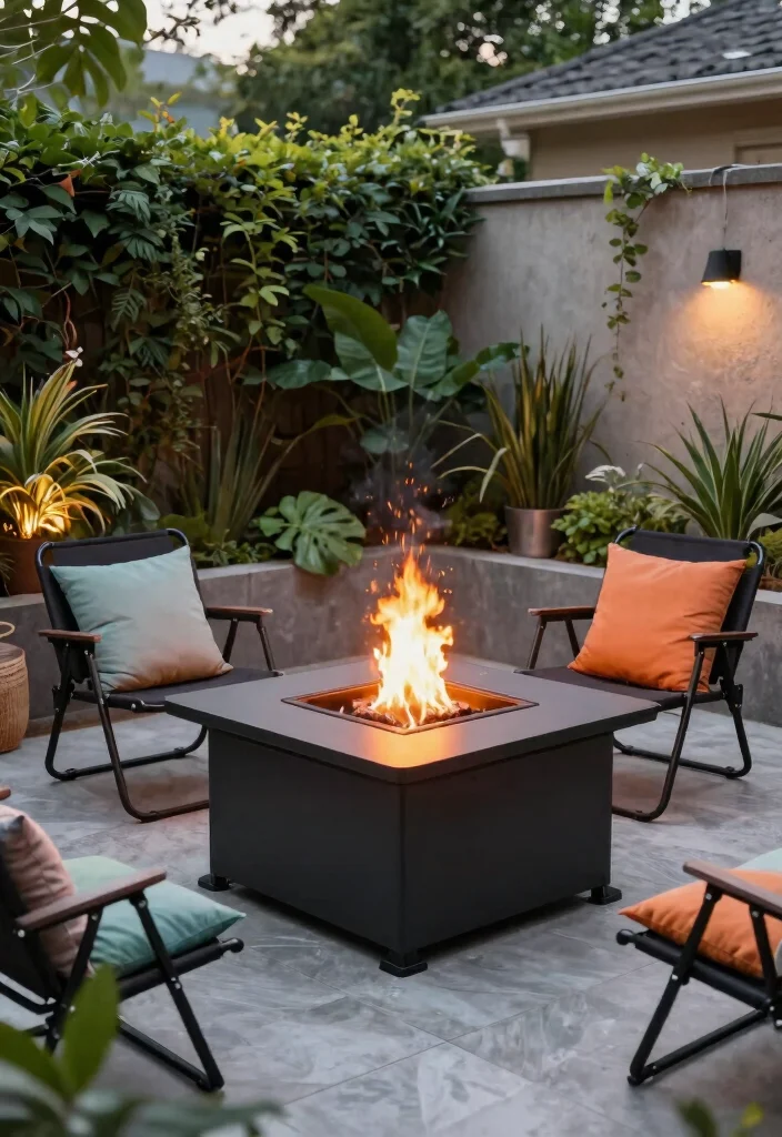 12 Square Fire Pit Concepts That Fit Better in Small Backyards - 10. Compact Square Fire Pit with Folding Seats 1