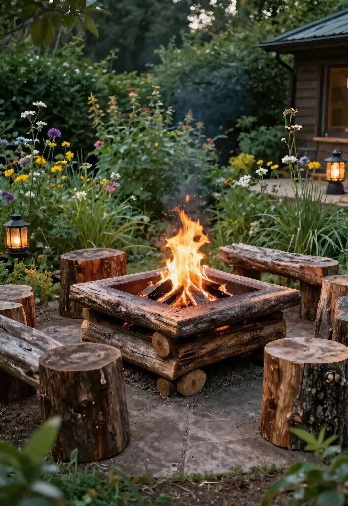 12 Square Fire Pit Concepts That Fit Better in Small Backyards - 6. Rustic Square Fire Pit with Logs 1
