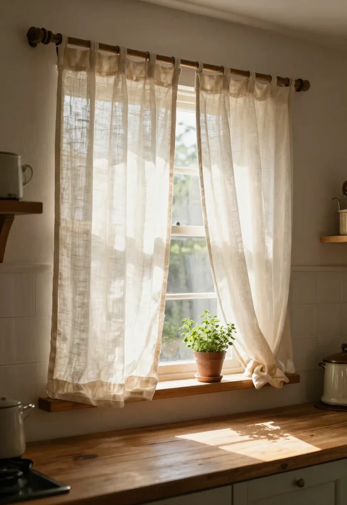 14 Farmhouse Kitchen Curtain Ideas That Let Light In - 1. Sheer Linen Panels 1