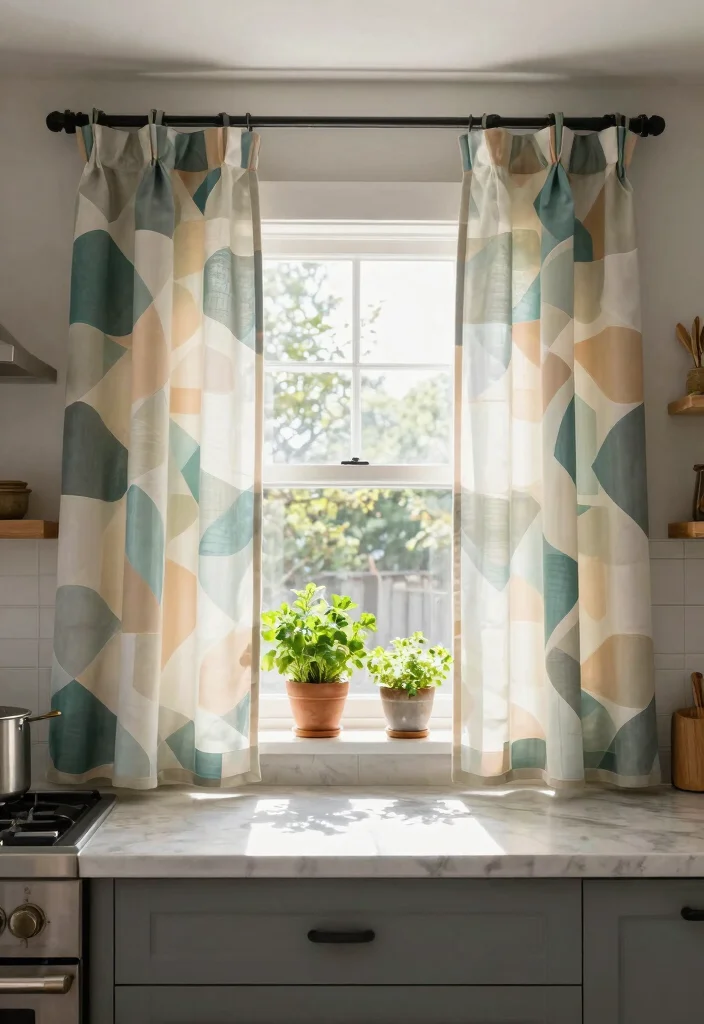 14 Farmhouse Kitchen Curtain Ideas That Let Light In - 10. Modern Geometric Patterns 1