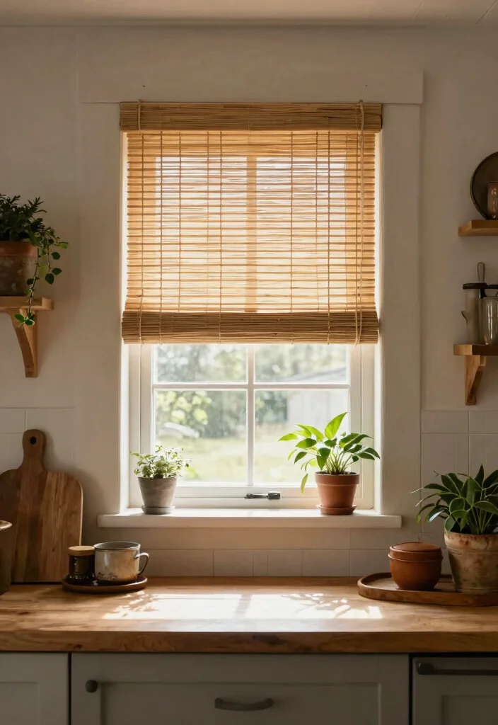 14 Farmhouse Kitchen Curtain Ideas That Let Light In - 11. Natural Fiber Blinds 1