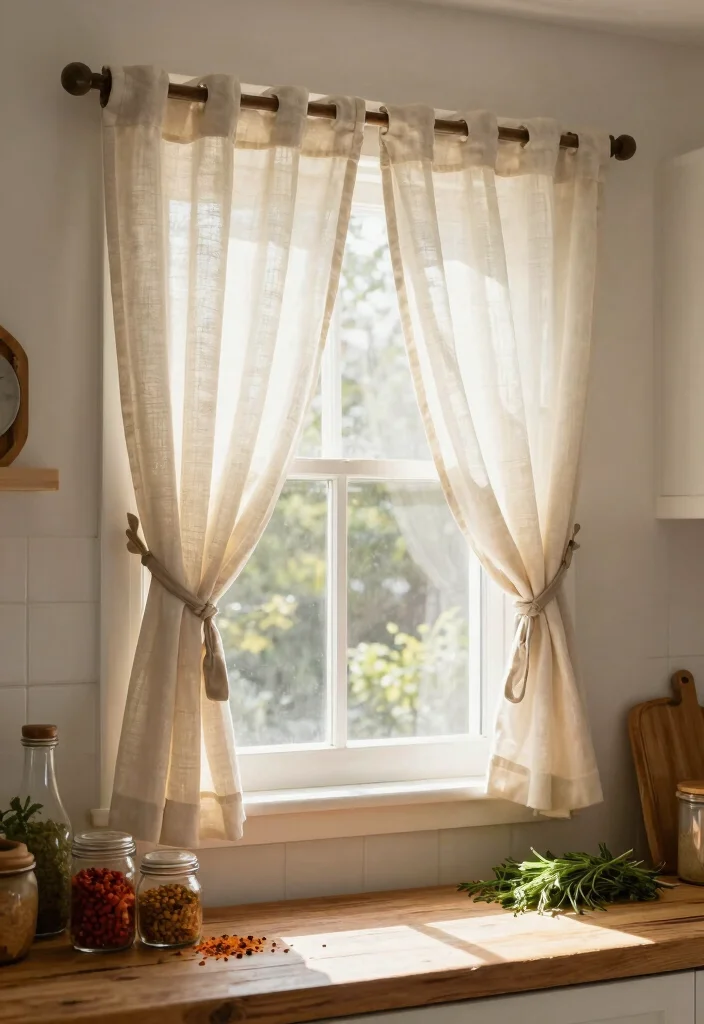 14 Farmhouse Kitchen Curtain Ideas That Let Light In - 13. Simple Tie-Top Curtains 1