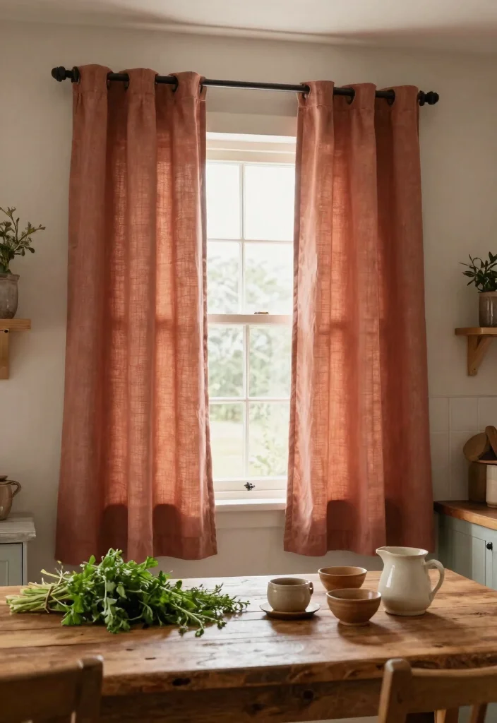 14 Farmhouse Kitchen Curtain Ideas That Let Light In - 14. Earthy Toned Drapes 1