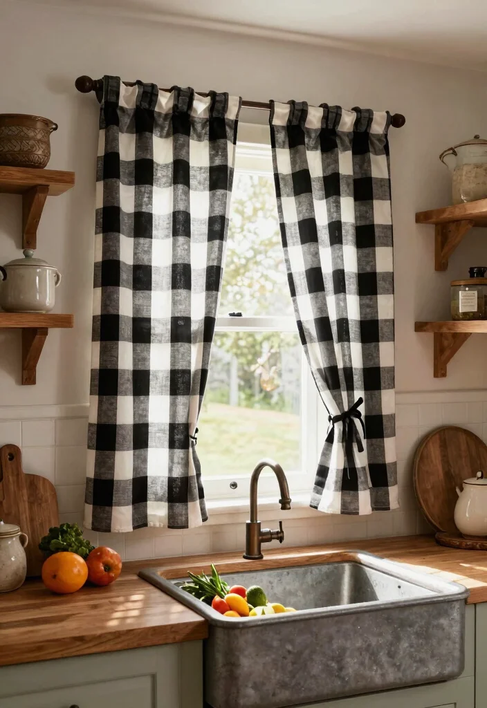 14 Farmhouse Kitchen Curtain Ideas That Let Light In - 2. Classic Buffalo Check 1