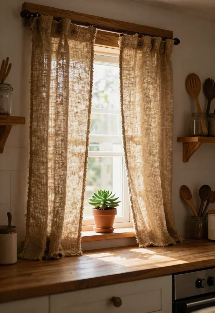 14 Farmhouse Kitchen Curtain Ideas That Let Light In - 4. Jute and Burlap Textures 1