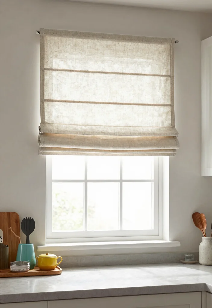 14 Farmhouse Kitchen Curtain Ideas That Let Light In - 5. Simple Roman Shades 1