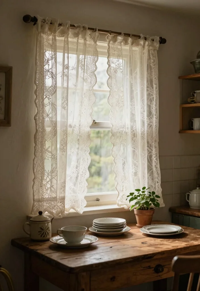 14 Farmhouse Kitchen Curtain Ideas That Let Light In - 8. Vintage Lace Curtains 1