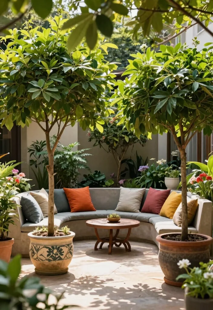 14 Media Sombra Para Patio Ideas That Block Sun All Day - 8. Potted Trees for Shade 1