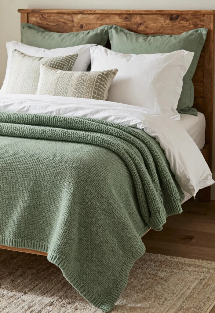 14 Sage Green Farmhouse Bedroom Ideas That Feel Calm Not Cold - 1. Layered Textiles for Cozy Comfort 1