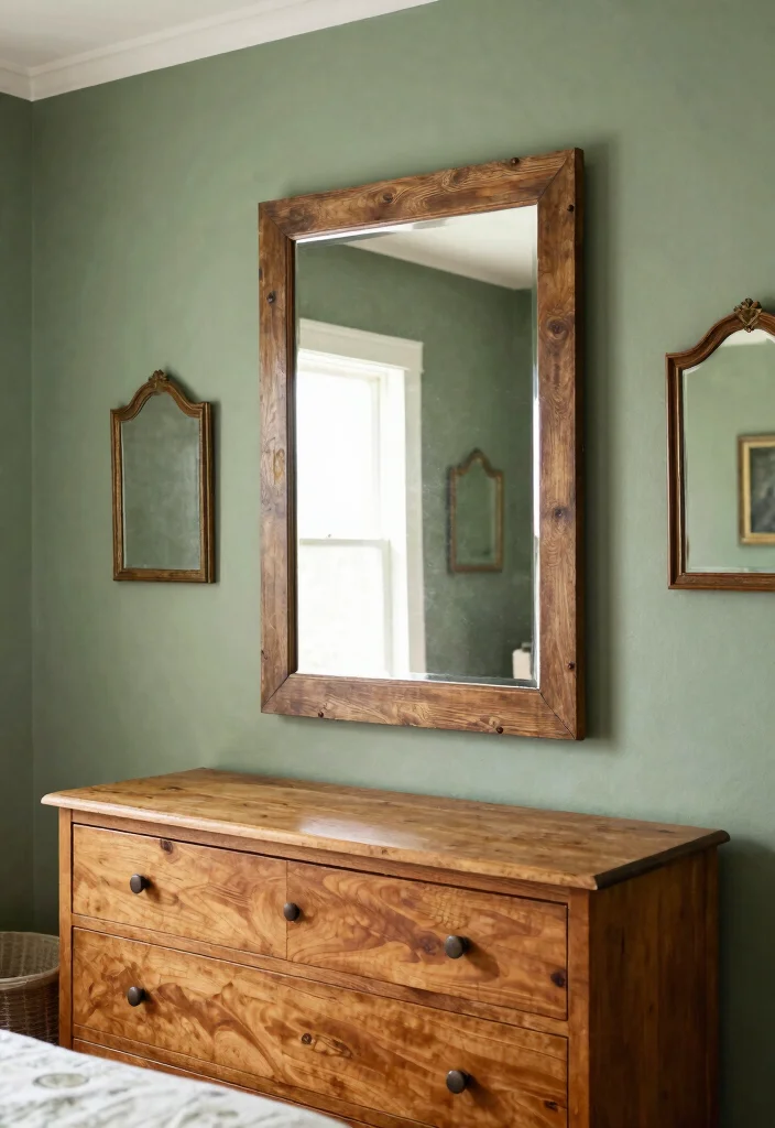 14 Sage Green Farmhouse Bedroom Ideas That Feel Calm Not Cold - 10. Vintage Mirrors for Depth 1