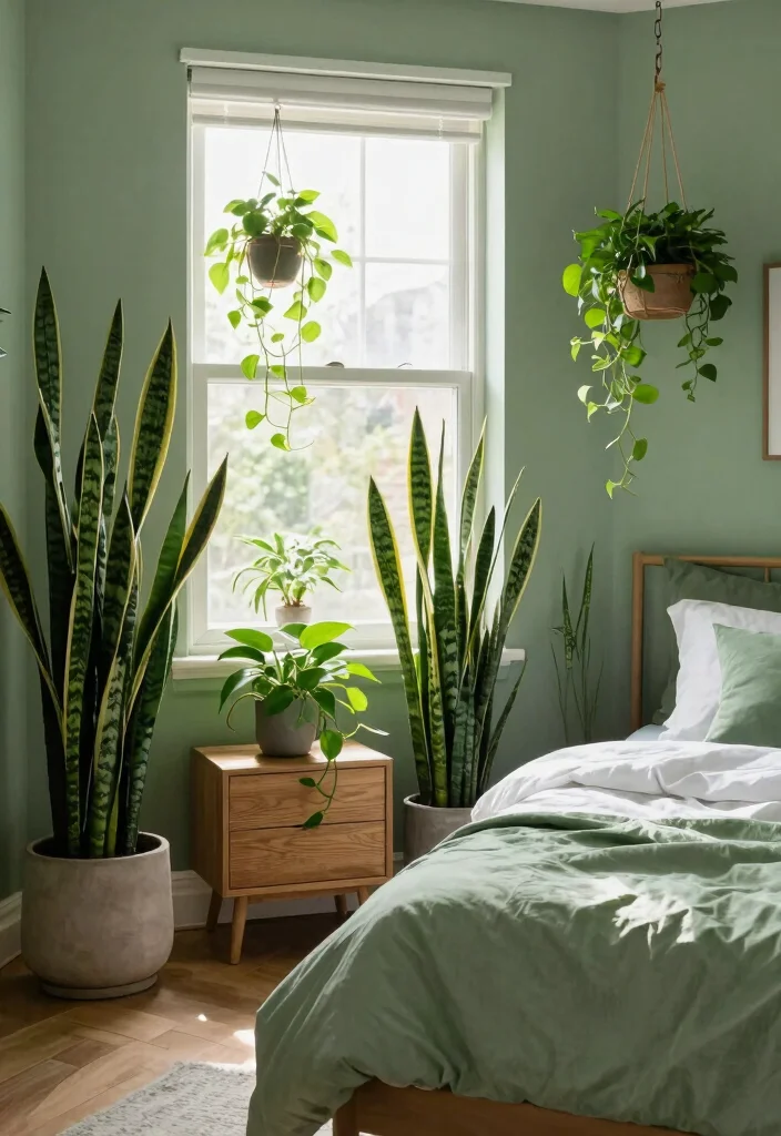 14 Sage Green Farmhouse Bedroom Ideas That Feel Calm Not Cold - 3. Incorporate Nature with Plants 1