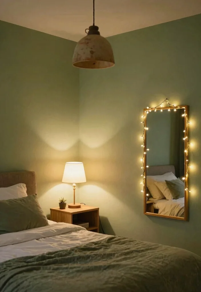 14 Sage Green Farmhouse Bedroom Ideas That Feel Calm Not Cold - 5. Soft Lighting for Ambiance 1