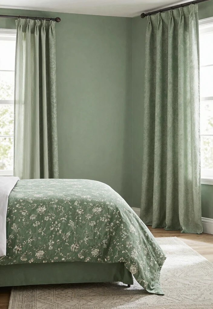 14 Sage Green Farmhouse Bedroom Ideas That Feel Calm Not Cold - 9. Subtle Patterns for Interest 1