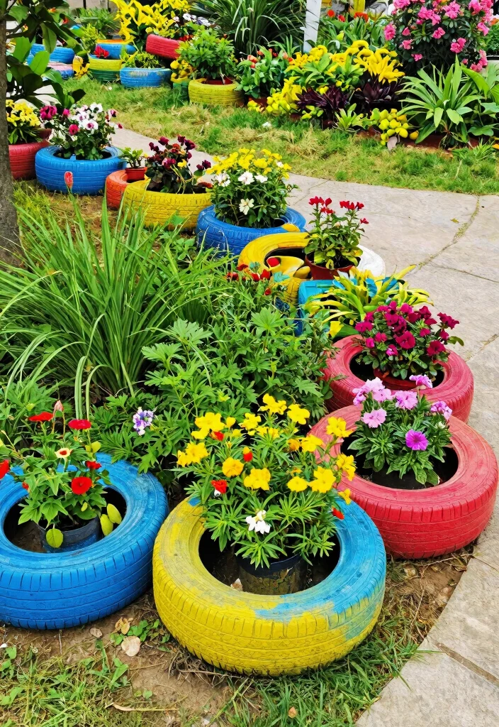 14 Simple Garden Fence Ideas You Can Install in One Weekend - 11. Decorative Recycled Tire Border 1
