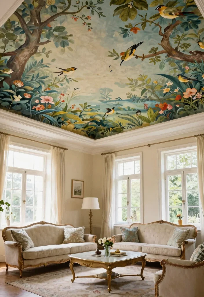 14 Wallpaper on Ceiling Concepts That Cover Popcorn Without Scraping - 14. Artistic Hand-Painted Murals 1