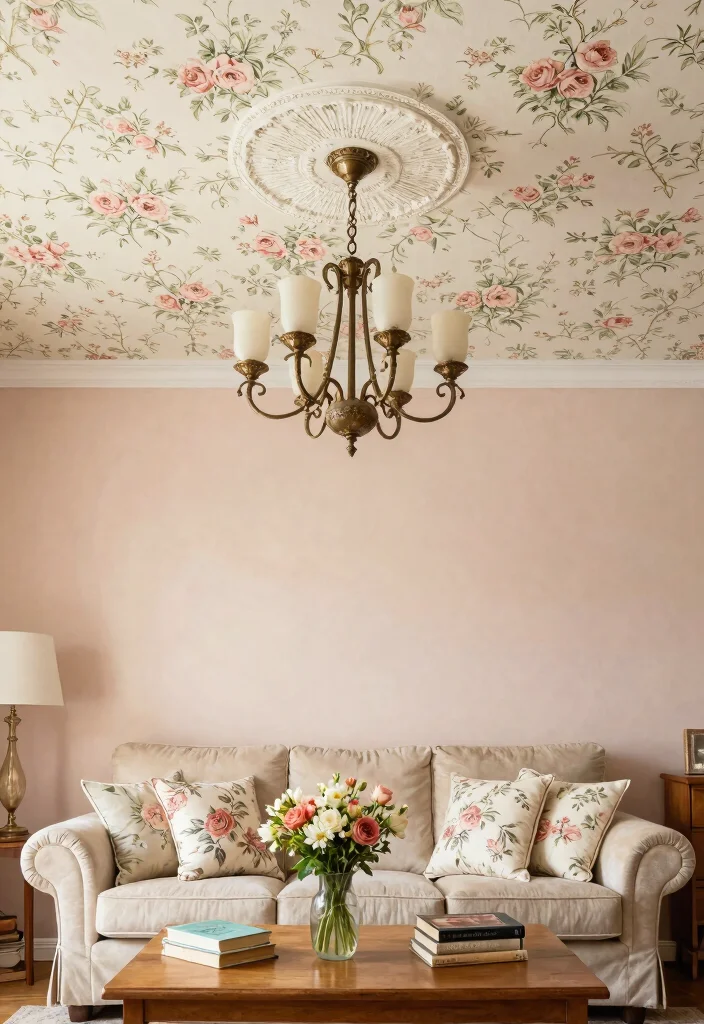 14 Wallpaper on Ceiling Concepts That Cover Popcorn Without Scraping - 3. Vintage Floral Designs 1
