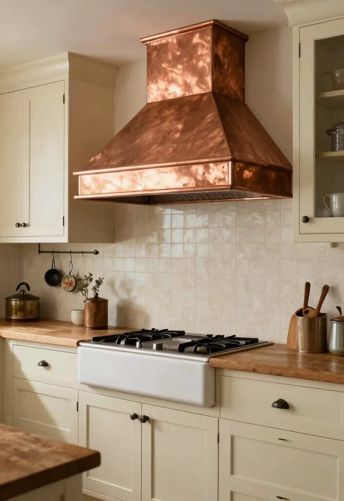 15 Farmhouse Vent Hood Ideas That Hide Builder-Grade Appliances - 10. Copper Accents 1