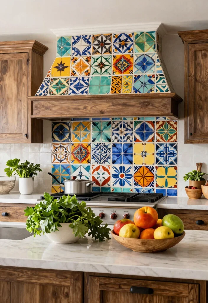 15 Farmhouse Vent Hood Ideas That Hide Builder-Grade Appliances - 11. Decorative Tile Surround 1