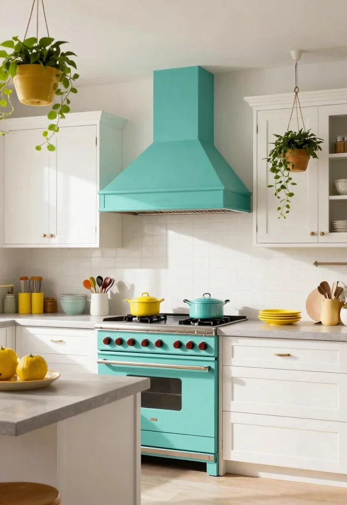 15 Farmhouse Vent Hood Ideas That Hide Builder-Grade Appliances - 6. Color Pop Hood 1