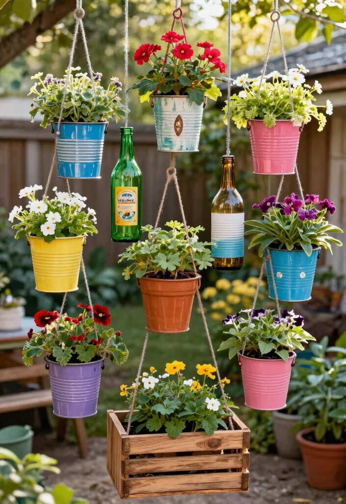 15 Hanging Flower Pots That Don't Need Daily Watering in Summer - 4. Recycled Hanging Pots: Eco-Friendly Chic 1