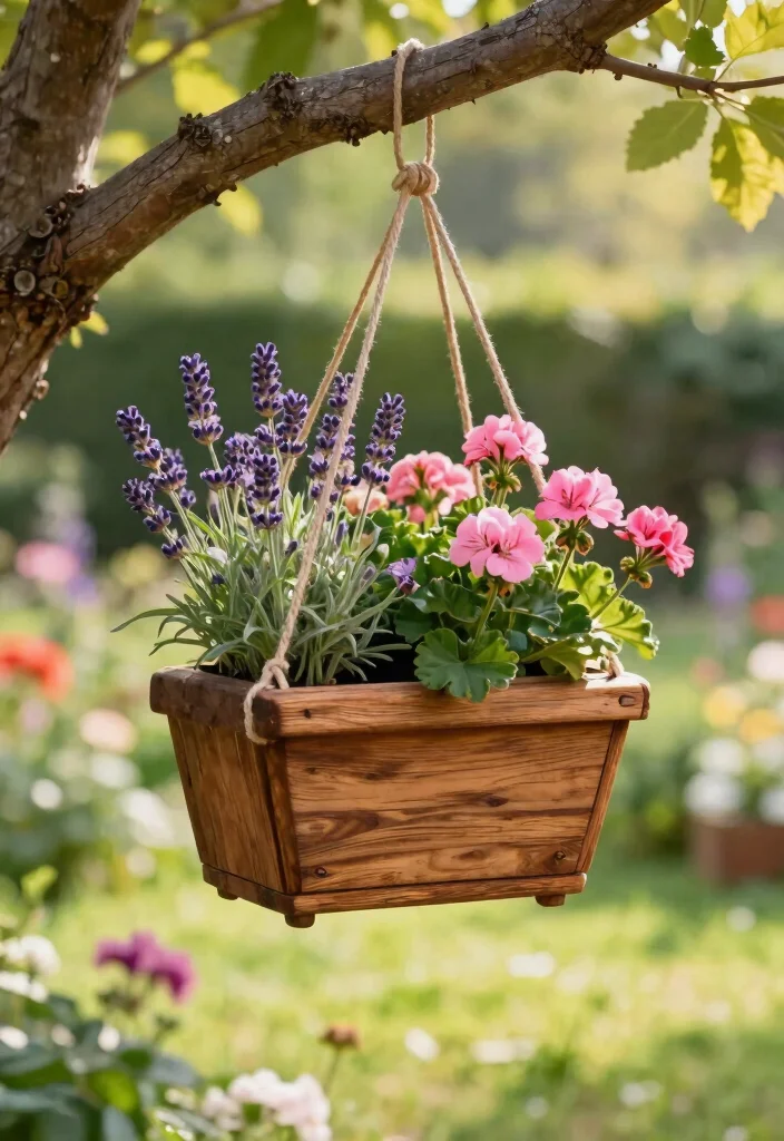 15 Hanging Flower Pots That Don't Need Daily Watering in Summer - 5. Rustic Wooden Hanging Planters 1