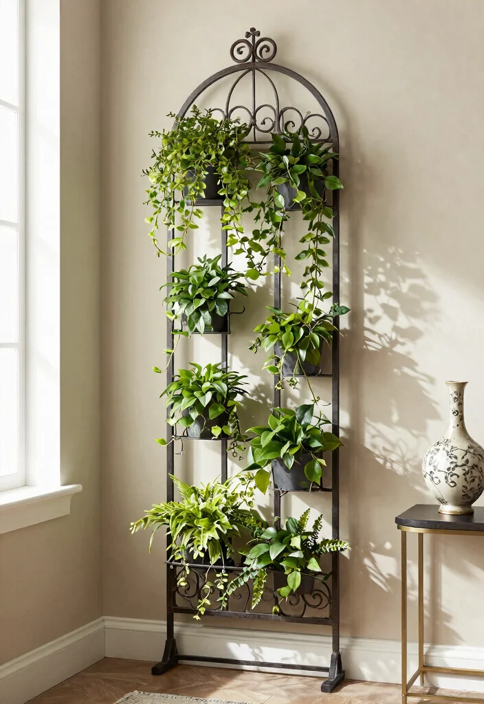 15 Indoor Plant Trellis Ideas That Support Vines Without Wall Damage - 13. Decorative Metal Trellis 1