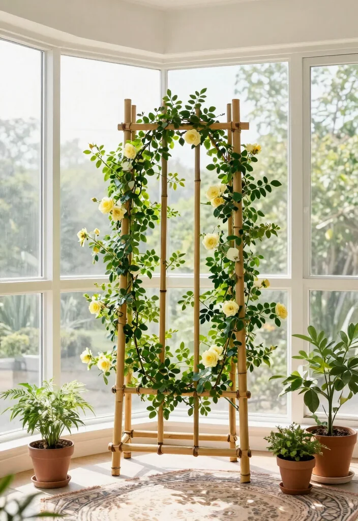 15 Indoor Plant Trellis Ideas That Support Vines Without Wall Damage - 4. Free-Standing Bamboo Trellis 1