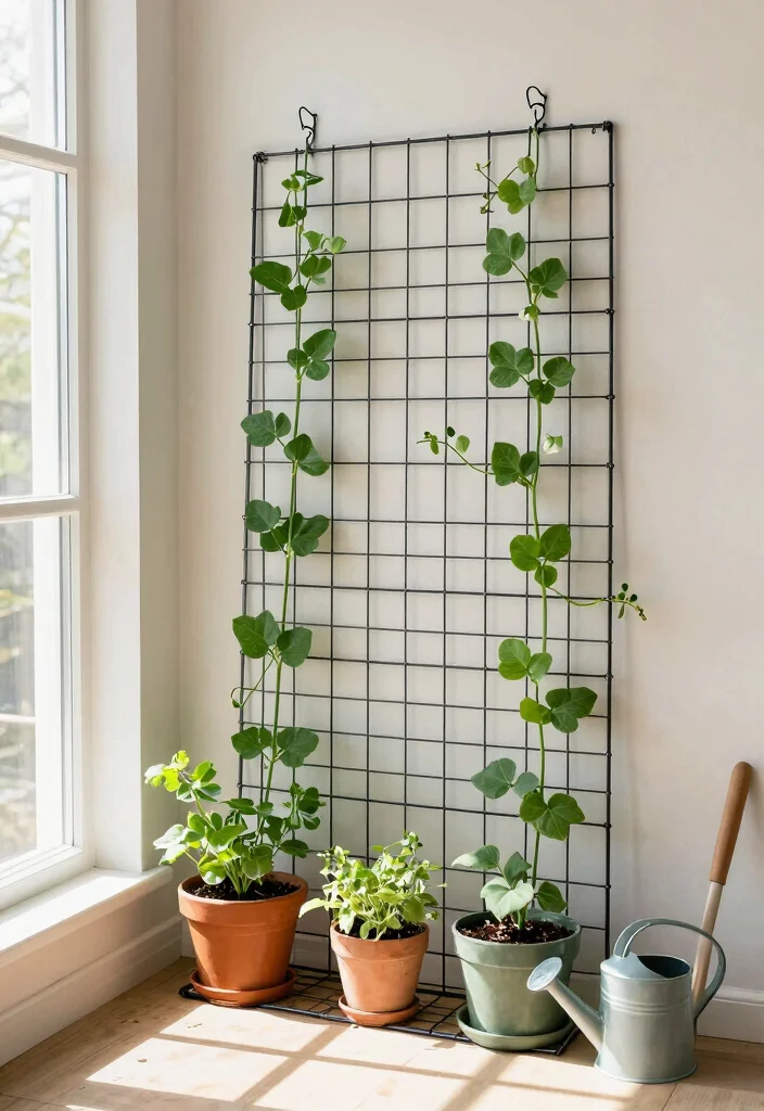 15 Indoor Plant Trellis Ideas That Support Vines Without Wall Damage - 6. Wire Grid Trellis 1