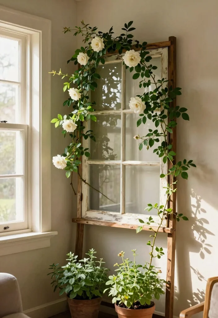 15 Indoor Plant Trellis Ideas That Support Vines Without Wall Damage - 8. Vintage Window Frame Trellis 1