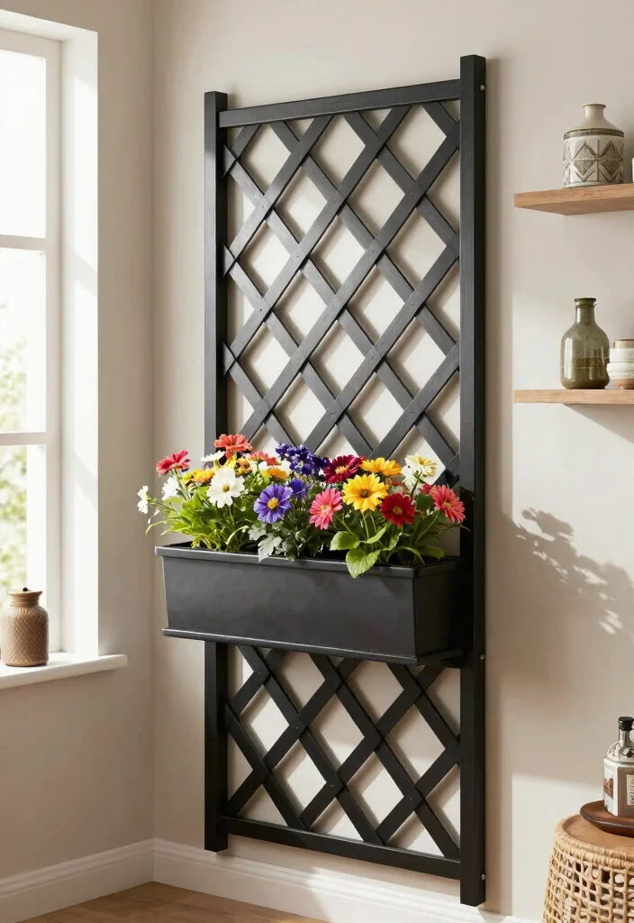 15 Indoor Plant Trellis Ideas That Support Vines Without Wall Damage - 9. Chic Trellis with Planter Box 1