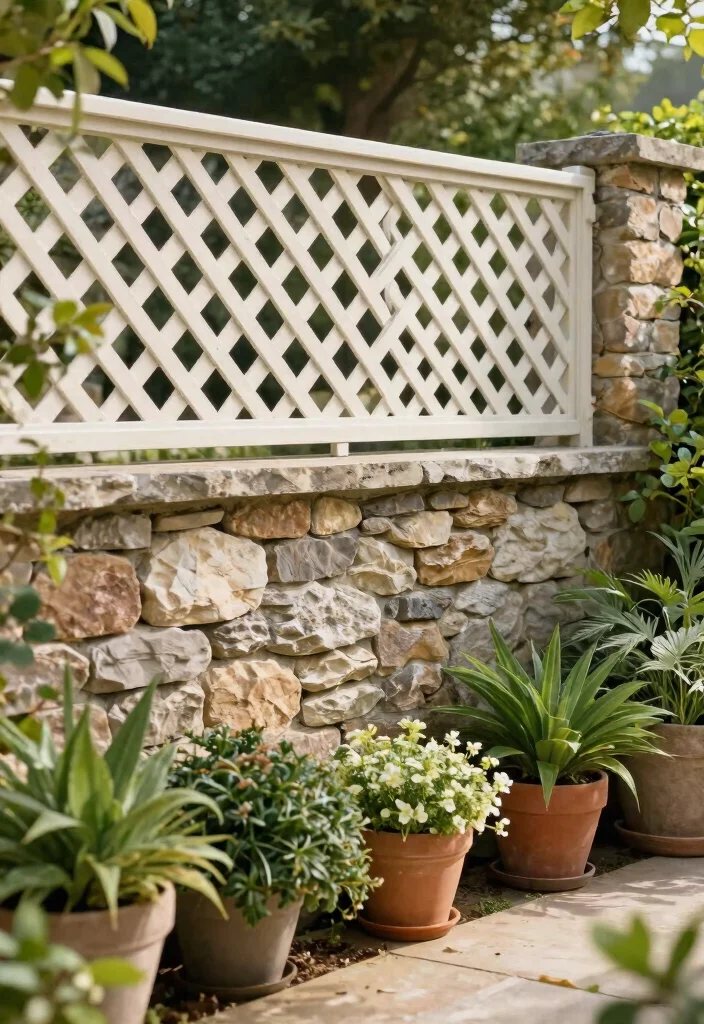 15 Lattice Fence Concepts That Add Privacy Without Feeling Closed In - 10. Lattice and Stone Combo 1