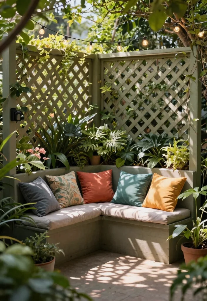15 Lattice Fence Concepts That Add Privacy Without Feeling Closed In - 14. Lattice with Built-In Seating 1