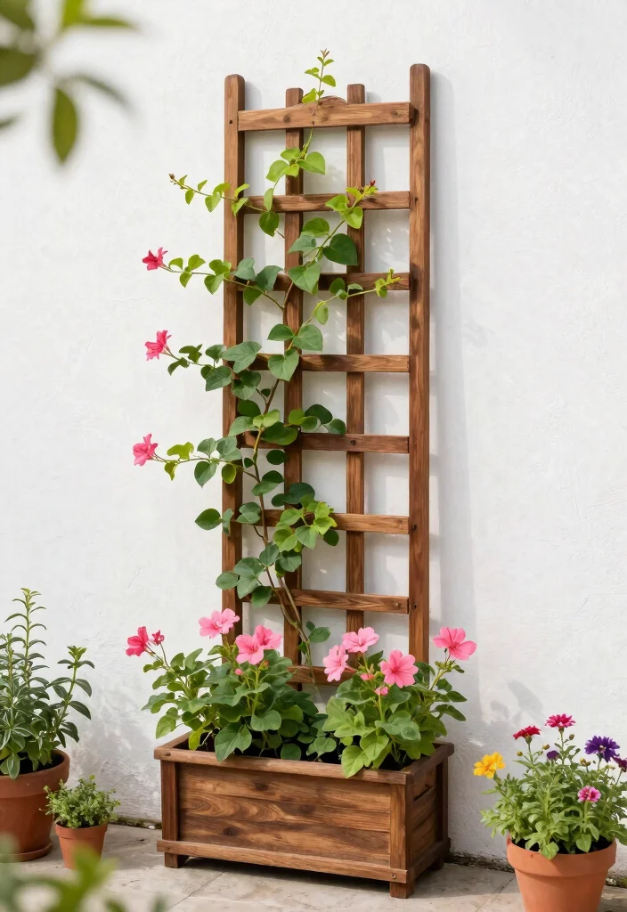 15 Mandevilla Planter Ideas That Support Heavy Vines and Blooms - 1. Classic Wooden Trellis Planter 1