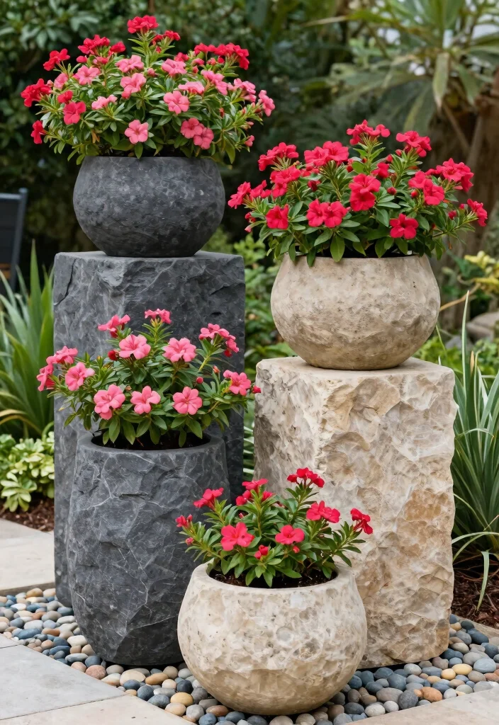 15 Mandevilla Planter Ideas That Support Heavy Vines and Blooms - 14. Stone or Concrete Planters 1