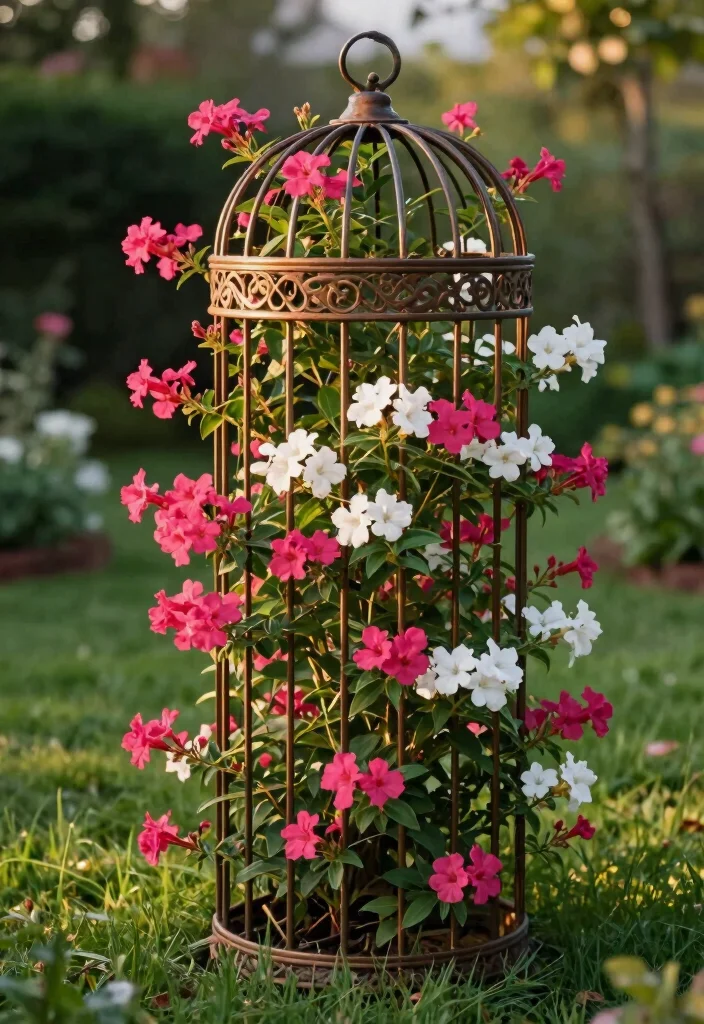 15 Mandevilla Planter Ideas That Support Heavy Vines and Blooms - 3. Decorative Metal Cages 1
