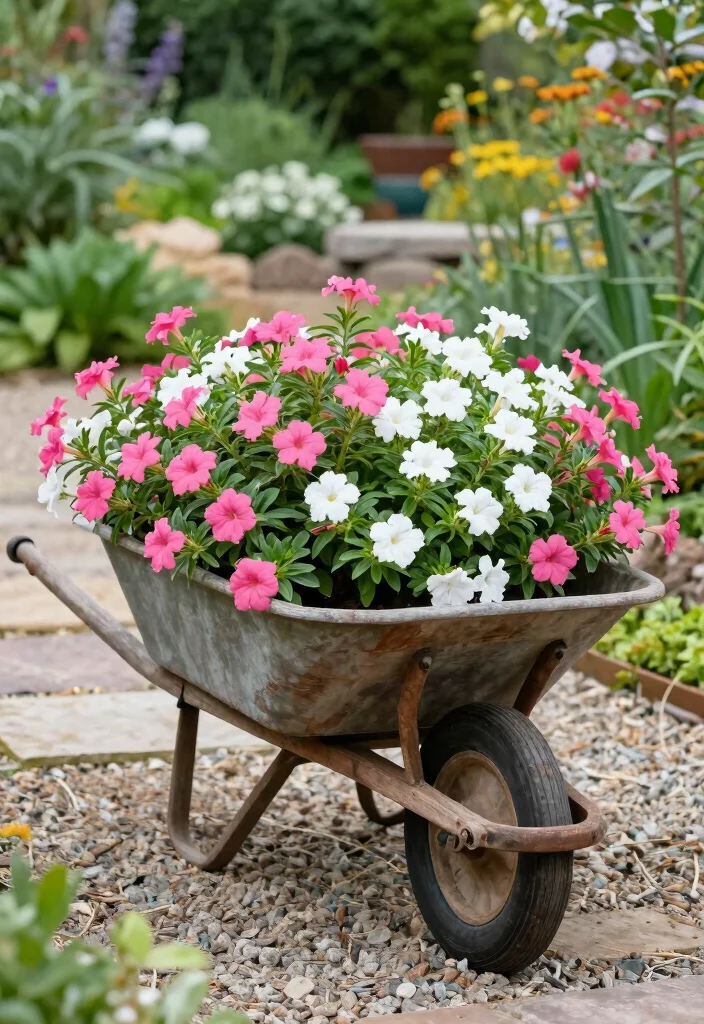 15 Mandevilla Planter Ideas That Support Heavy Vines and Blooms - 6. A Rustic Wheelbarrow Planter 1