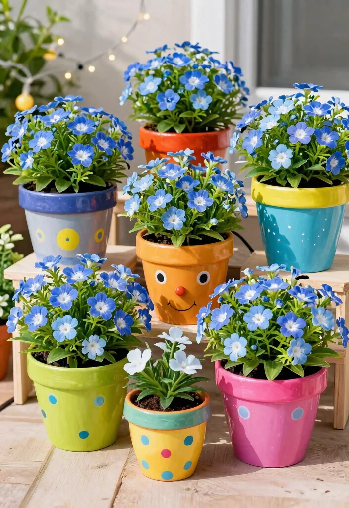 15 Outdoor Flower Pot Ideas That Survive Heat and Forget-Me-Nots - 10. Colorful Faux Pots for a Splash of Fun 1