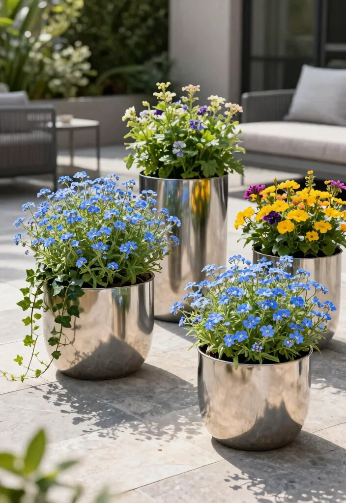 15 Outdoor Flower Pot Ideas That Survive Heat and Forget-Me-Nots - 2. Metal Marvels 1