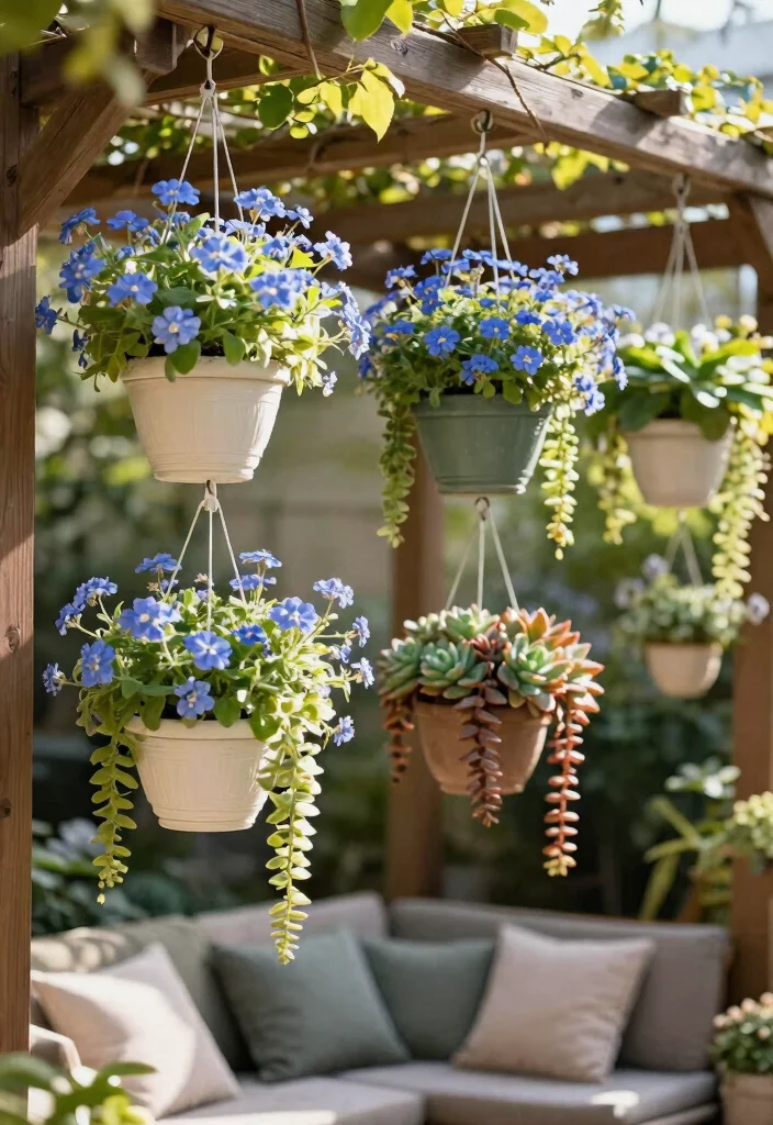 15 Outdoor Flower Pot Ideas That Survive Heat and Forget-Me-Nots - 4. Hanging Pots for Vertical Gardening 1