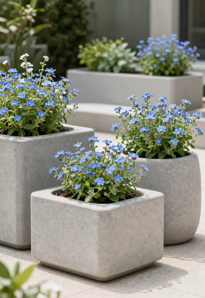 15 Outdoor Flower Pot Ideas That Survive Heat and Forget-Me-Nots - 9. Concrete Planters: Durable and Chic 1