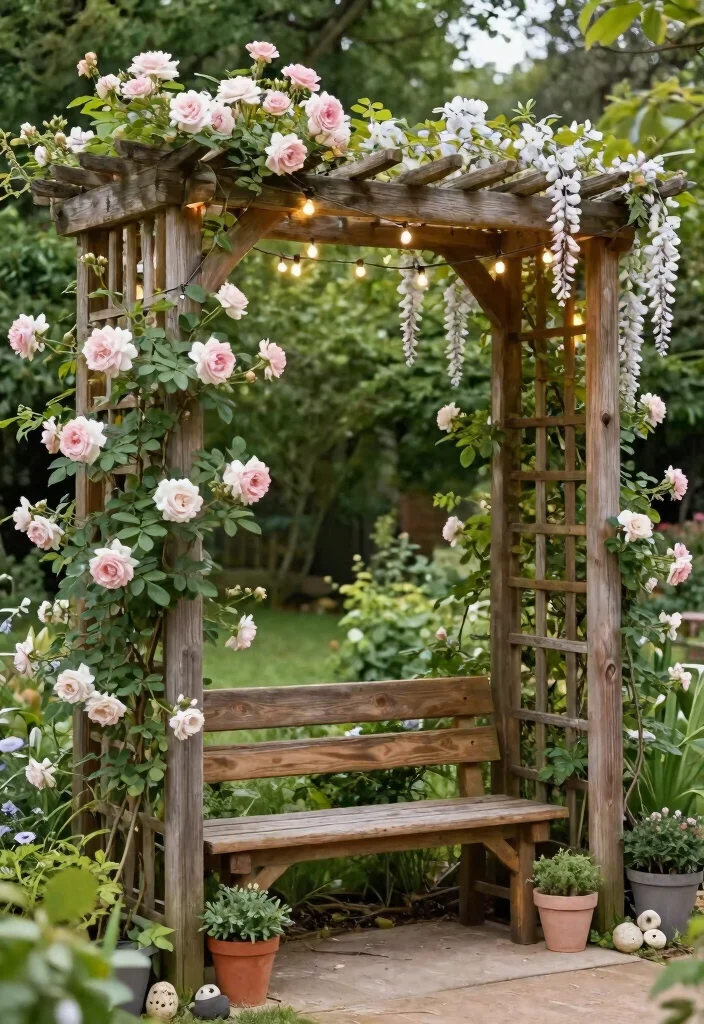 15 Patio Trellis Ideas That Support Heavy Climbing Vines - 1. Rustic Wooden Arbor Trellis 1