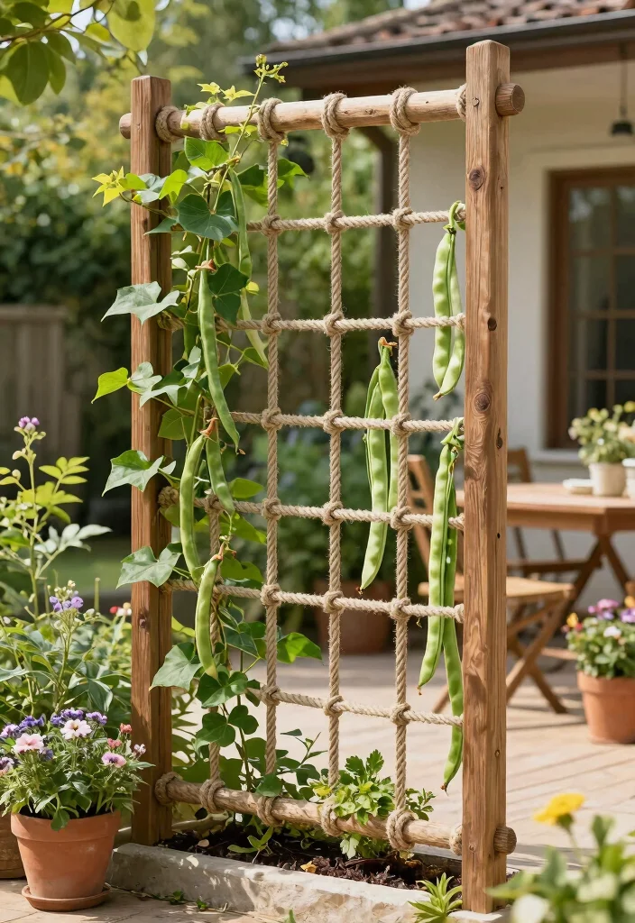 15 Patio Trellis Ideas That Support Heavy Climbing Vines - 13. Simple Rope Trellis 1