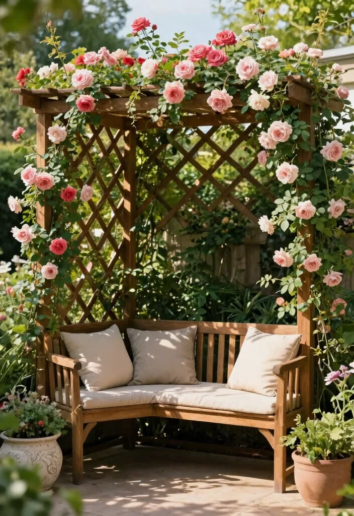 15 Patio Trellis Ideas That Support Heavy Climbing Vines - 14. Trellis with Built-in Seating 1