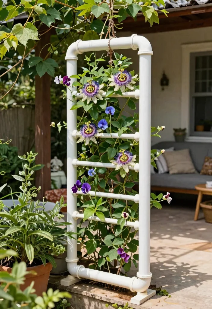15 Patio Trellis Ideas That Support Heavy Climbing Vines - 15. Creative DIY Pipe Trellis 1